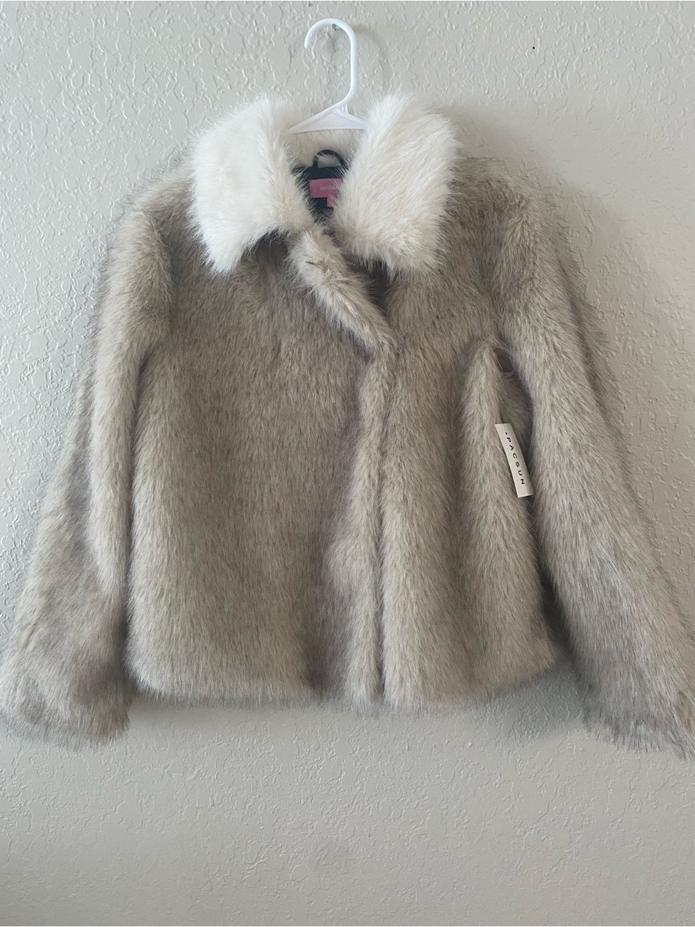 Edikted Light Taupe Faux Fur Coat with White Collar